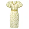 Robes de soirée frais élégant doux robe midi femmes jaune fleur revers taille enveloppe fente robe femme français bulle manches date vestido dame