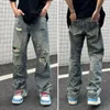 Jeans masculinos desgastados lavados perna larga com buracos rasgados multi bolsos streetwear estilo hip hop para casual