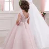 Vestidos de menina rosa flor vestido tule renda apliques casamento elegante princesa primeira eucaristia presente de festa de aniversário