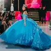 Aqua Blue Shiny Princess Quinceanera Dresses Ball Gown Off The Shoulder Applique Lace Tull Corset Sweet 15 Vestidos De XV Anos