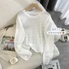 Women's T Shirts Knitted Crop Long Sleeve Hollow Out Smock Round Neck Women Shirt Fashion Oversized Summer Vintage Sun Protection 2024 Top