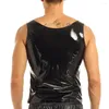 Débardeur sans manches en cuir PVC pour homme, haut décontracté, Look mouillé, sous-vêtement, solide, noir, col rond, t-shirt, vêtements pour hommes