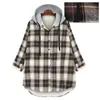 Plus Größe 5XL Frauen Winter Fleece Shirts Bunte Plaid Langarm Damen Bluse und Hemden Mit Kapuze Taste Strickjacke Tops KT74 240126