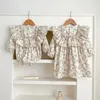Vestidos de menina coreano meninas combinando roupa crianças vintage floral impressão vestido macacão de bebê para 2024 primavera boutique irmã olhar crianças