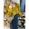 여성용 블라우스 2024 Blusas Mujer de Moda Vintage Blouse 여성 스퀘어 칼라 롱 슬리브 튜닉 셔츠 패치 워크 레이스 느슨한 한국 탑