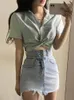 Women's Blouses Crop Tops Korean Chic Cross Temperament Blouse For Women 2024 Blusas Mujer De Moda Short Sleeve Tunic Summer Sexy Shirts