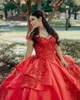 2024 Quinceanera Dresses Red Sequined Lace Appliques Off Shoulder Illusion Sequins Short Sleeves Ruffles Plus Size Formal Party Prom Evening Gowns