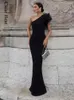 Casual Kleider Schwarz Sexy Eine Schulter Feder Maxi Kleid Frauen Elegante Ärmel Bodycon Prom 2024 Mode Damen Party Abend