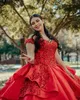 2024 Quinceanera Jurken Rode Lovertjes Kant Applicaties Off Schouder Illusie Pailletten Korte Mouwen Ruches Plus Size Formele Feest Gala Avondjurken