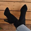 Zapatos de vestir 2024 Botas de mujer negras 9 cm Tacones cuadrados Calcetines Tamaño grande 43 Tela elástica Elástico Punta puntiaguda Bota de tobillo Mujer