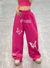 Kadın Pantolon Adairl Pink Y2K Spor Sokak Güzergahı Baggy Bufferfly Desen Kpop Geniş Bacak Pantolon Hip Hop Gündelik Sweatpants Kadın
