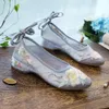 Veowalk Long Ankle Strap Summer Women Gauze Mesh Embroidered Ballet Flats Breathable Comfortable Walking Shoes for Elegant Lady 240202
