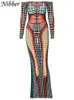 Sukienki swobodne Kolorowe kropki Slash Szyj Maxi Sukienka Kobiety z długim rękawem Seksowne żeńskie strój stroju ulicznego