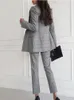 Women's Two Piece Pants Women Elegant Formal Business Blazer 3 Pieces Suit Office Work Plaid Jacket Vest Pantsuit Korean Fashion Female