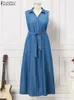 Plus taille femme denim robes longues zanzea mannequin décontractée le collier à la taille maxi robes de mode