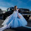 Небесно-голубое блестящее бальное платье Quinceanera платья с 3D цветами и аппликацией из кружева и тюля Vestidos De 15 Anos корсетное платье на 16-й день рождения