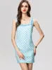 Women's Runway Dresses Square Neckline Sleeveless Beaded Plaid Printed Fashion Short Casual Vestidos