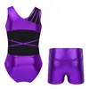 Palco desgaste crianças meninas metálicas ballet outfit ginástica collant com shorts patinação artística bodysuit crianças sem mangas macacão de ginástica