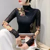 Women's T Shirts 2024 Fall Winter Korean Kläder Läge Flower T-shirt Sexig Turtleneck Print Women Tops Långärmad botten Skjorta Tees