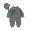 ベビーロンパーズの服冬の長袖編み生まれた少年の女の子コットンジャンプスーツの帽子セット秋0-18m幼児幼児服240202