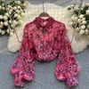 Damenblusen, Chiffonbluse für Damen, Blumenstickerei, Umlegekragen, Revers, einzelne lange Puffärmel, Herbst, schicke Damenoberteile, Drop