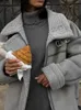ラムウールジッパーショートコート女性ゆるいカジュアル冬の厚い暖かいジャケット女性ファッションターンダウン襟固体ストリートウェアコート240202