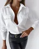 Blusas de mujer Blusa de mujer de moda 2024 Primavera con cuentas abotonadas Diseño de bolsillo Casual Llanura Cuello vuelto Manga larga Camisa diaria Top