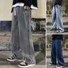 Männer Jeans Koreanische Mode Baggy Elastische Taille Klassische Olid Farbe Gerade-bein Denim Breite bein Hosen Männlich Hellblau grau