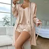 Ropa de dormir para mujer, cárdigan elegante con lazo, chaleco con tirantes, trajes cortos, traje suelto informal de manga larga, pijama de seda de hielo sexy, ropa para el hogar, 3 piezas