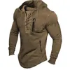 2024 Men Autumn Spring Top Lace Up Drawstring Solid Color Long Sleeve Zipper Pockets Pullover Streetwear Men Mid Length Hoodie 240119