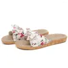 Pantoufles d'été confortables pour femmes, tongs en lin avec nœud papillon, chaussures de plage, sandales d'intérieur pour dames