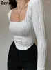 Koszulki damskie Zenaide 2024 Autumn Long Rleeve Ruched Fashion White Crop Tops