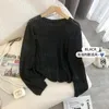 Women's T Shirts Knitted Crop Long Sleeve Hollow Out Smock Round Neck Women Shirt Fashion Oversized Summer Vintage Sun Protection 2024 Top