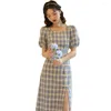 Etnische kleding geruite Cheongsam verbeterde jurk 2024 zomer jong meisje student retro moderne Chinese stijl