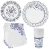 Ensembles de vaisselle Assiettes en papier de fête à thème en porcelaine bleue et blanche Vaisselle d'anniversaire en tissu Dîner jetable pour couverts en vrac Suite