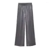 Pantaloni da donna a gamba larga Moda vintage grigio scuro Pantaloni lunghi morbidi Autunno vita elasticizzata in seta scintillante metallizzata