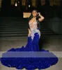 2024 Sexy Royal Blue Dresses Jewel Neck Sequined Sequins Sparkly Mermaid White Lace Appliques Crystal Beads Evening Dress Prom Gowns Floor Length 0513