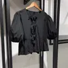 Damenblusen, Boho-inspirierte schwarze geraffte Bluse, selbstbindende Puffärmel vorne, Sommer-Baumwollpopeline, süße Damen-Luxus-Tops