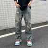 Men's Jeans Cool Urban Streetwear Ripped Hole Wide Leg With Multi Pockets Distressed Details For Casual Hip Hop Style