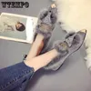 WTempo Moda Non Slip 999 Sapatos de peles de pêlo quente Mulheres Chic outono de outono inverno baixo Bombas de shinestone de salto baixo no atacado 240125