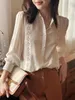 Kadınlar bluzlar şifon gömlek bahar/yaz katı vintage gevşek giyim polo boyun dantel patchwork uzun kollu moda üstleri
