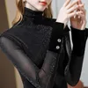 Tshirt Woman Lace Chiffon Turtleneck Sexy ClothingBlack2023 Trend Women's Top Tees Pulovers in 90s Graphic Alt Kpop Old O 240127