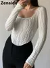 T-shirt da donna Zenaide 2024 Autunno Manica lunga Increspato Moda Bianco Crop Top Solido Casual Donna Skinny Basic Tees Nero Y2K Abbigliamento