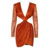 Casual Dresses Sexy Orange Deep V-neck Open Back Cross Glitter Glued Material Slim Fit Party Dress Club Women