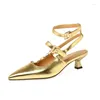 Kledingschoenen Goud Leer Dames Ondiepe Slingback Pumps Gladiator Enkelbandje Kitten Hakken Sandalen Punk Design Kettingen Zilveren Sandalias Femmes