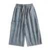 Men's Jeans Men Denim Shorts Wide-leg Cropped Pants Summer Cargo Trousers With Wide Leg Deep Crotch Elastic For Loose