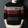 Autumn Winter Men's Stripe Print Straight Sleeve Long Sleeve Polo Button Round Neck Tshirt Business Casual Fashion Tops 240123