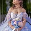 Sky Blue Shiny Ball Gown Quinceanera Dresses 3D Flowers Applique Lace Tull Vestidos De 15 Anos Corset Dress For 16th Birthday