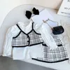 Flickor tweed sets vår sommarsling kjolskjorta 110ys mode barn kostymer preppy stil casual barn kläder vestidos 240129