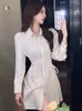 Casual Dresses Women Elegant Bodycon Polo Collar Shirt Mini Dress 2024 White Satin Luxury Party Autumn Winter Fashion Chic Bandge